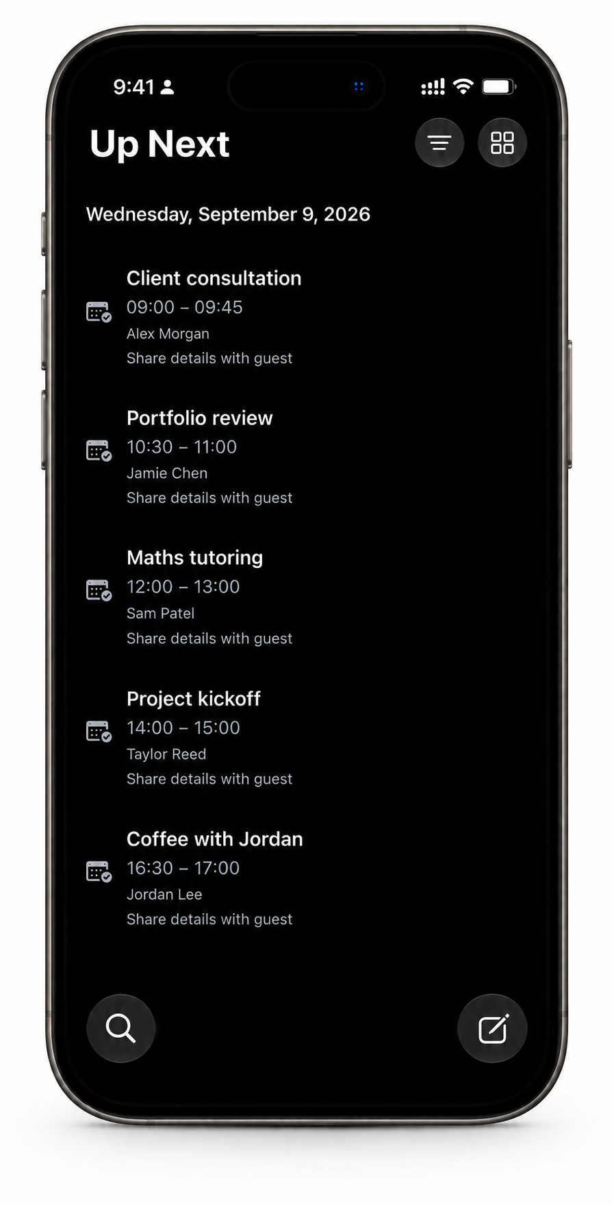 BookMyCal on iPhone, illustrated with example consultations, reviews, lessons and catch-ups.